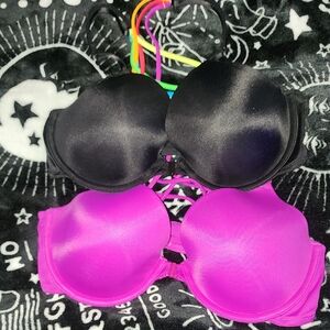 2 Victorias Secret PINK Elegant Criss Cross Back Black & Purple Women's Bra Set